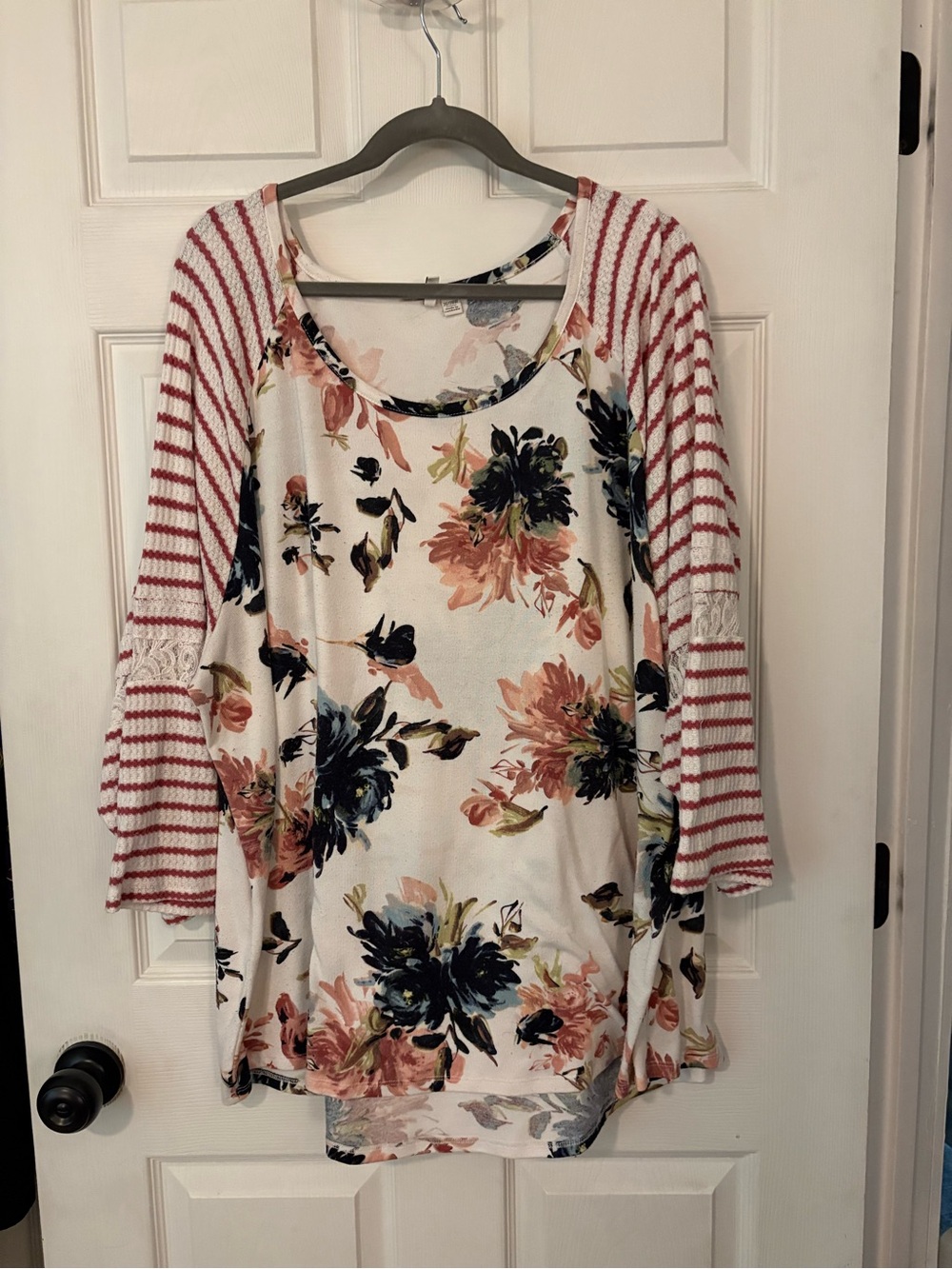 Floral Scoop-Neck Tunic with Pink Stripe Sleeves